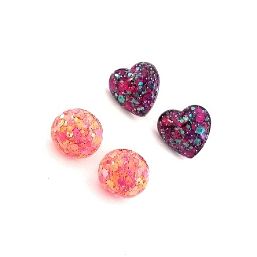 Purple teal heart and round pink glitter studs earrings hypoallergenic new